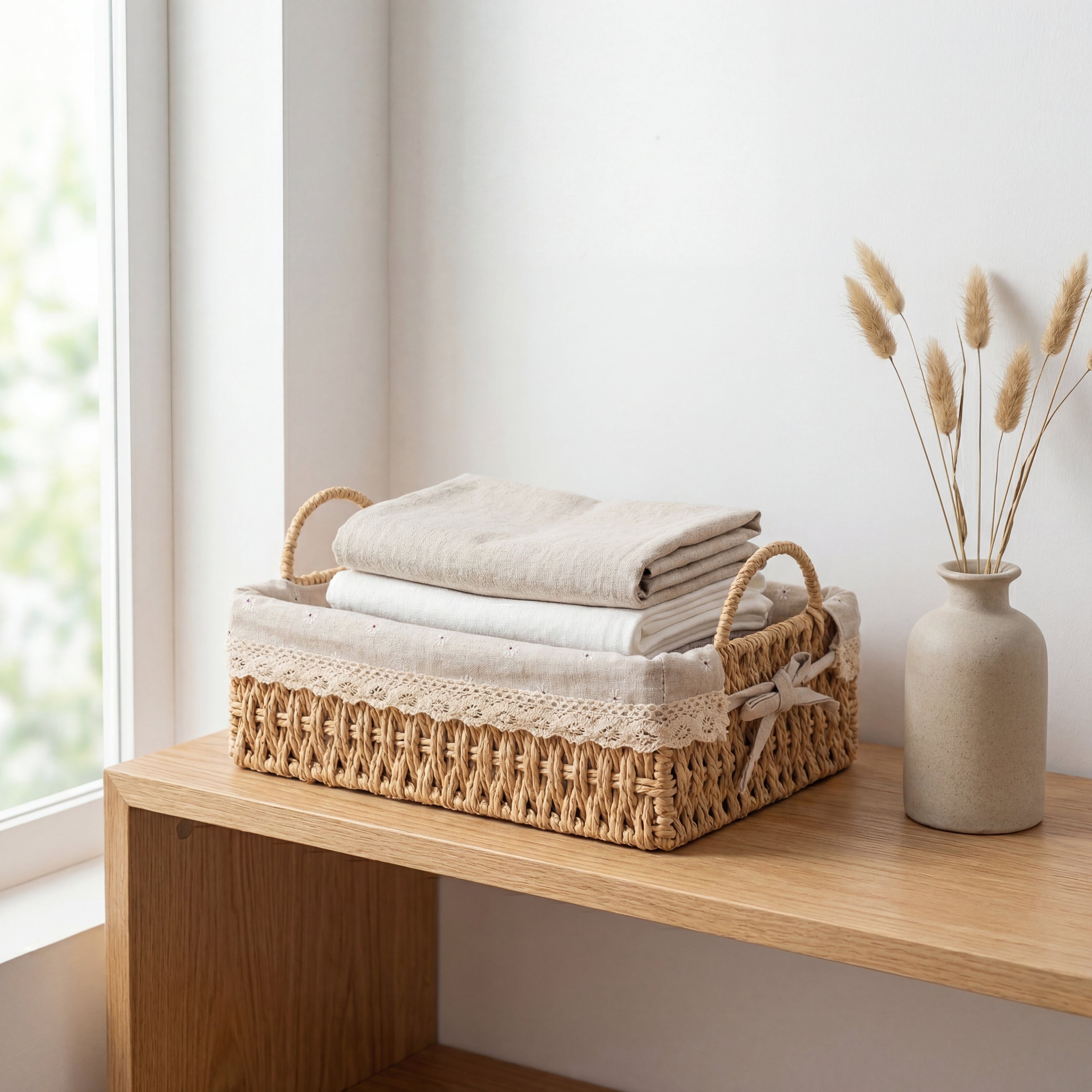 Fin liten basket i jute i et koselig rom.