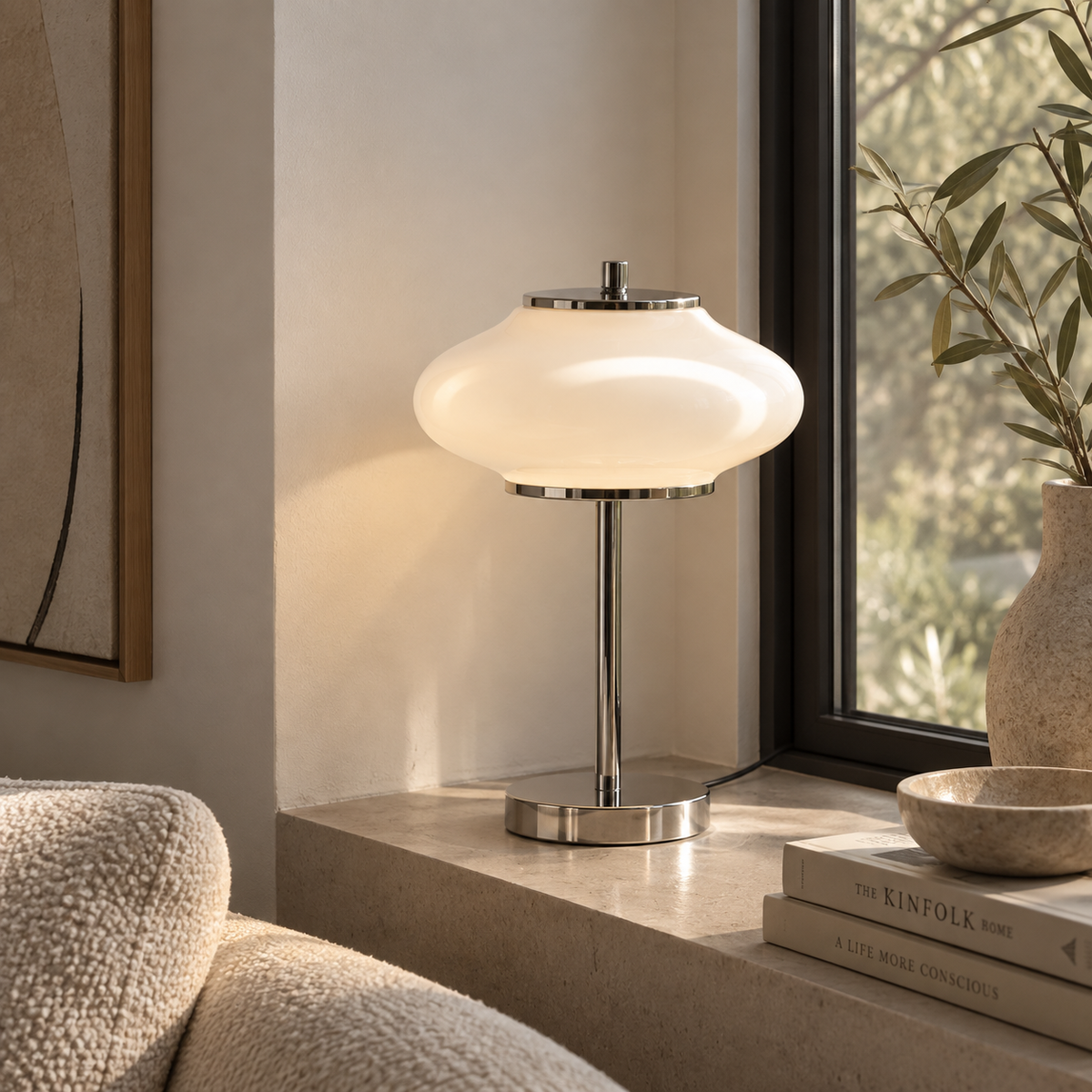 Minimalistisk sølvfarvet bordlampe