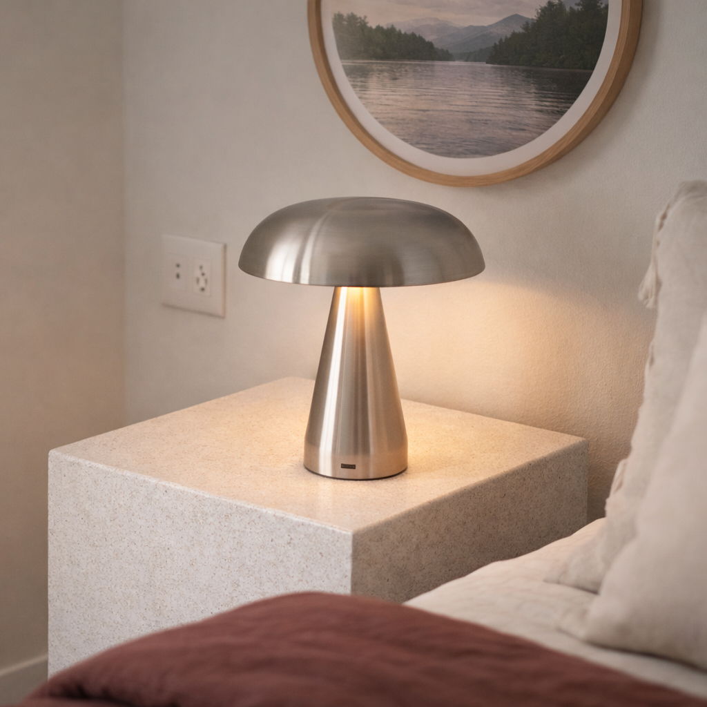 Silver lamp next to a bed. 