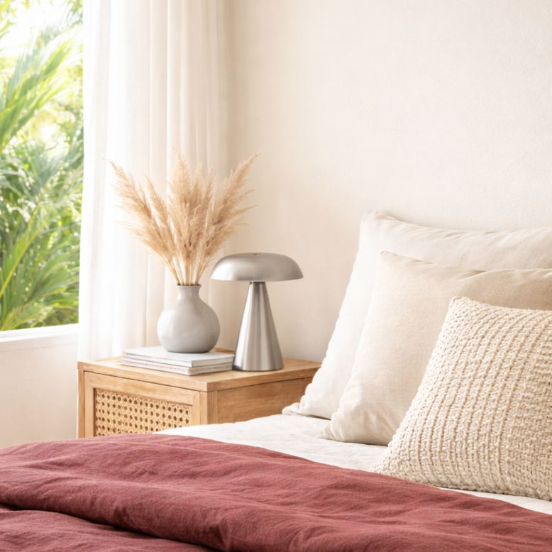 Silver small lamp on bedside table