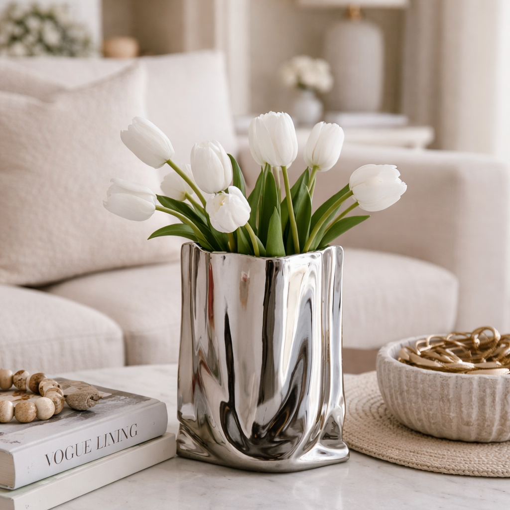 Metallvase i et flott hjem med hvite tullipaner. 