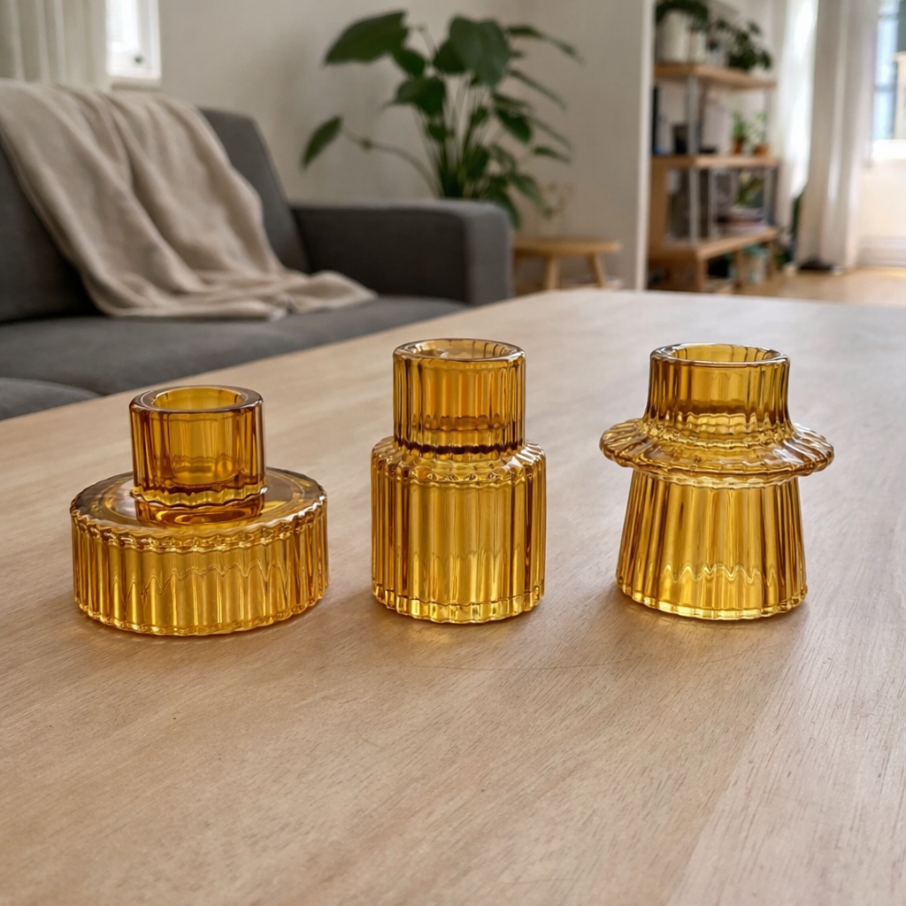 Brune små lysestaker i tre forksjellige design i stua. 