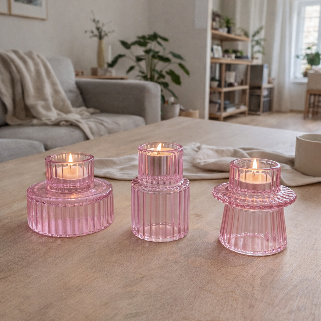 Rosa lysestaker med telys inni på stuebord.