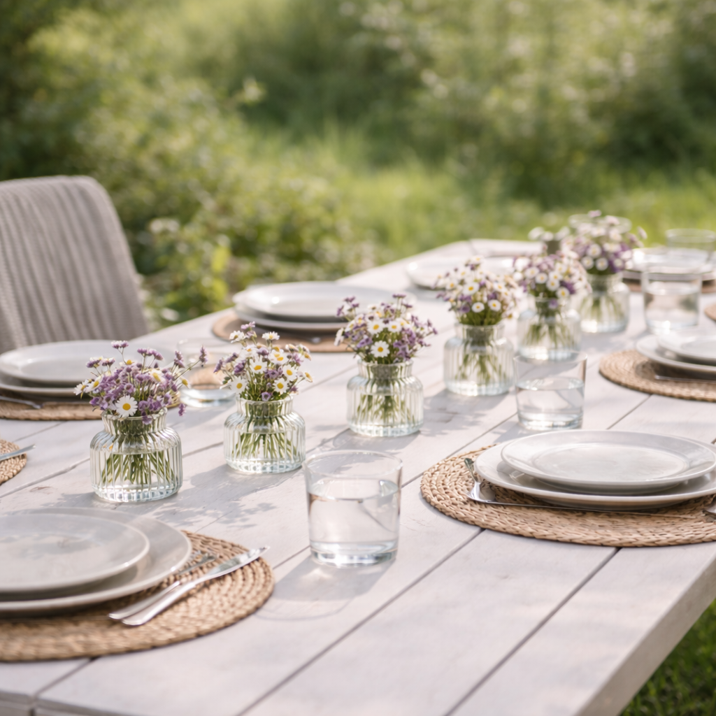 Dekt bord til sommeren med fine glassvaser