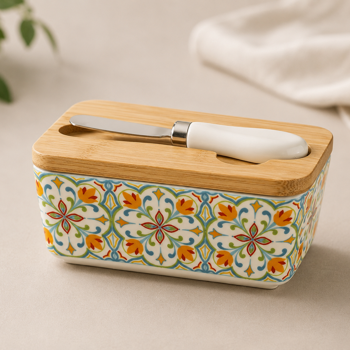 Smørbeholder til kjøkkenet med fint design og trelokk med kniv.