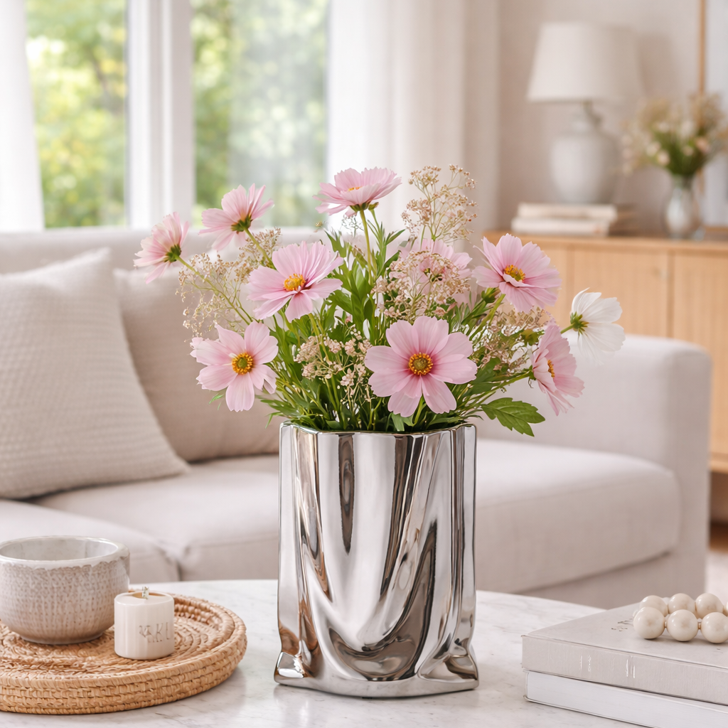 Sølv metall vase på et stuebord med rosa blomster. 
