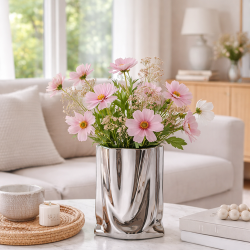 Sølv metall vase på et stuebord med rosa blomster. 