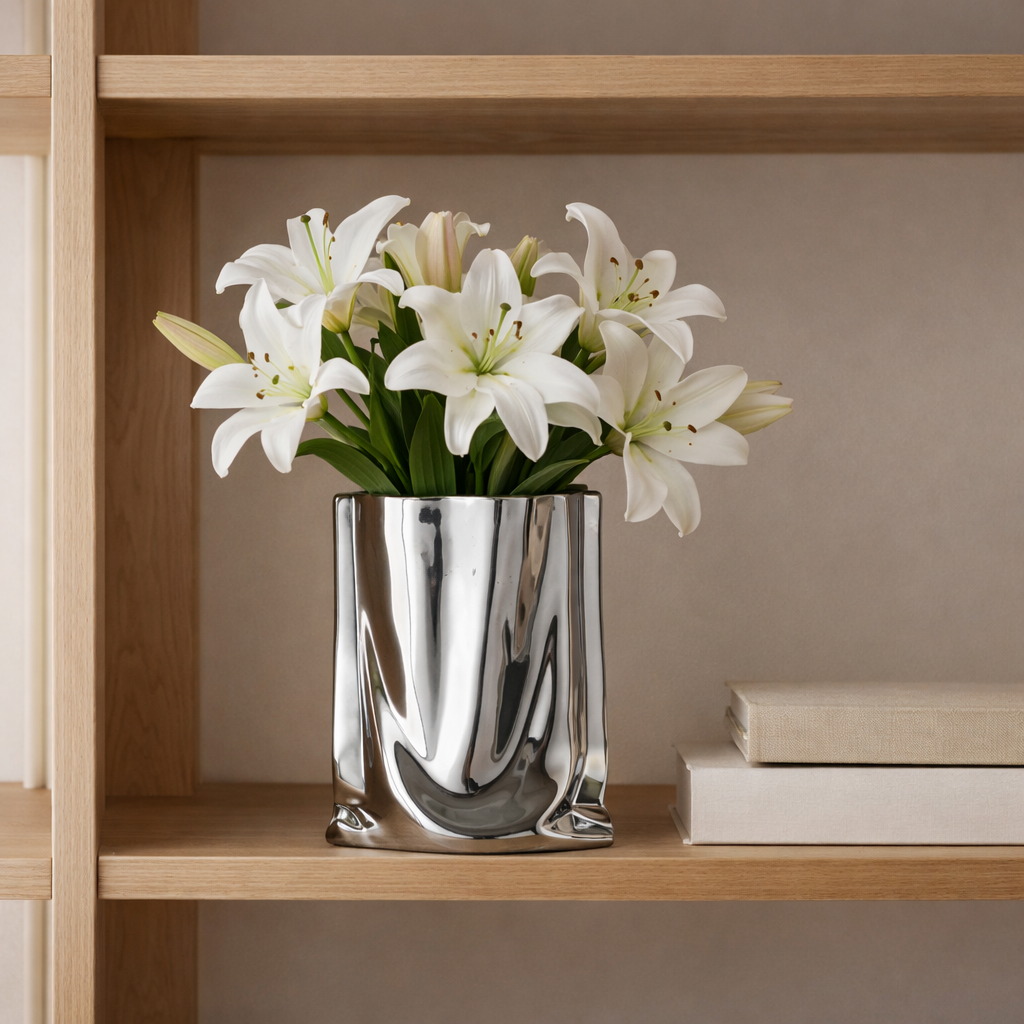 Fin sølv vase med hvite liljer. 