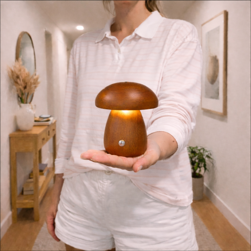 Sopplampe i ekte tre i hånden på en jente i en gang.