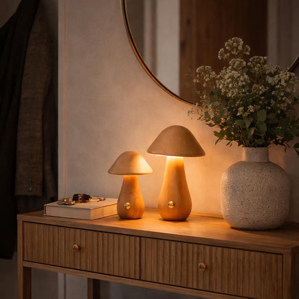 To lamper i tre i soppform på en kommode i en gang. 