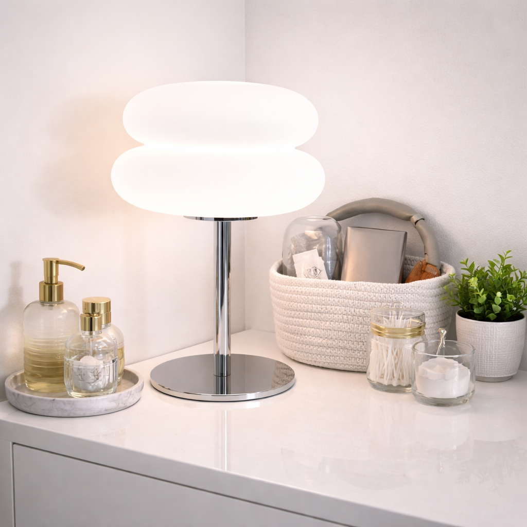 Liten søt hvit lampe på badet.