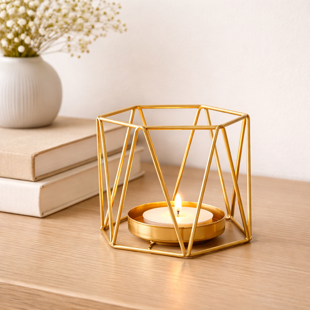 Gull telysholder på et bord med bøker.