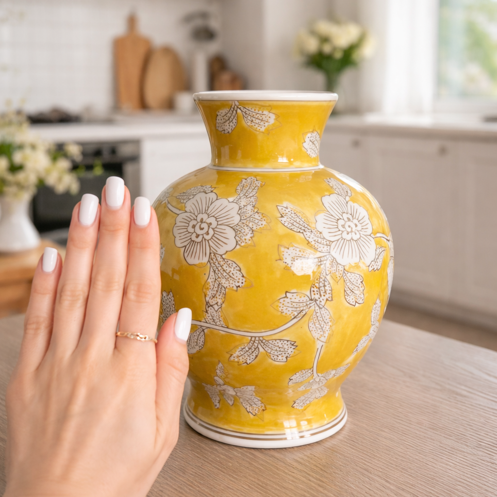 Hand foran vasen som viser størrelsen av proselen vasen. 