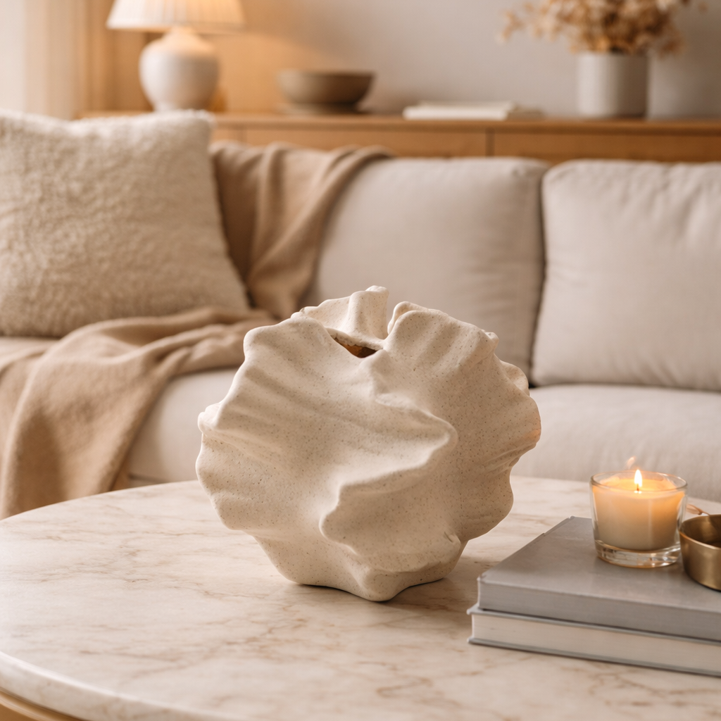 Beige stor asymetrisk unik vase på bord i en stue. 