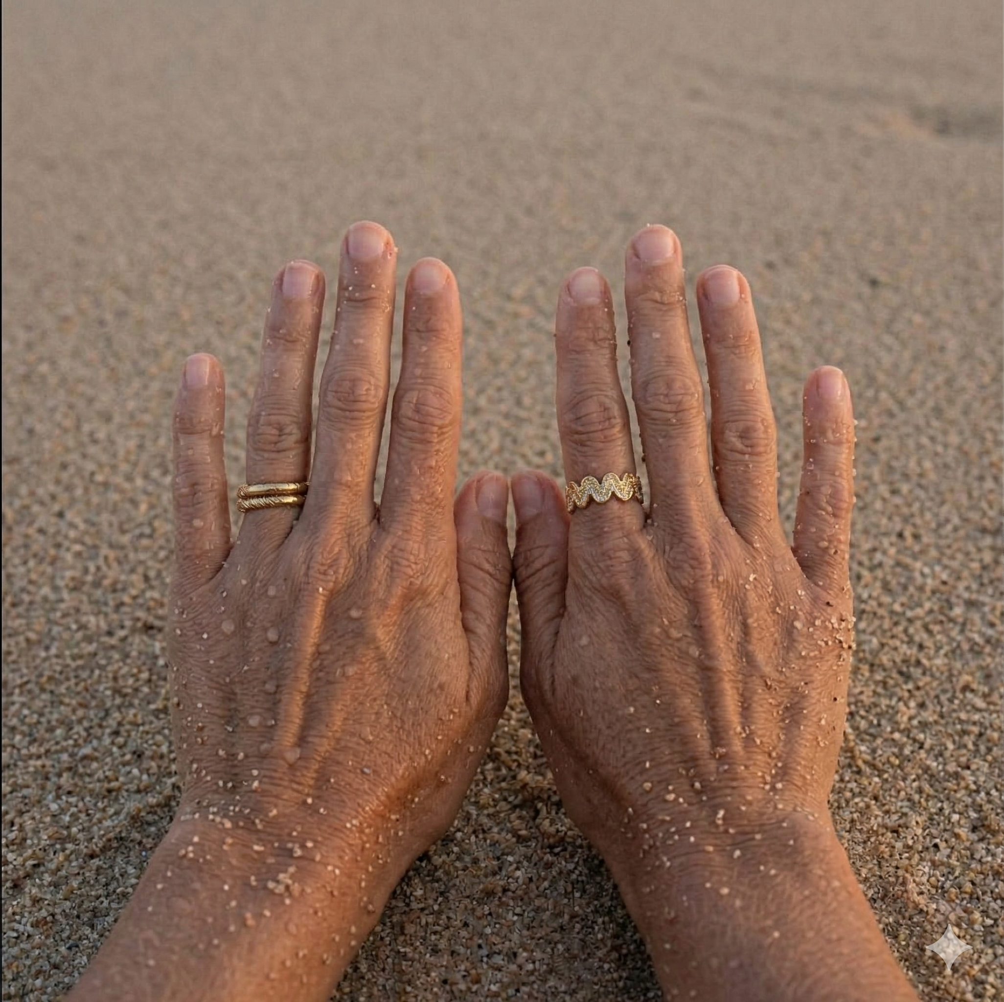 Jente med ringer i sanden i gull. 