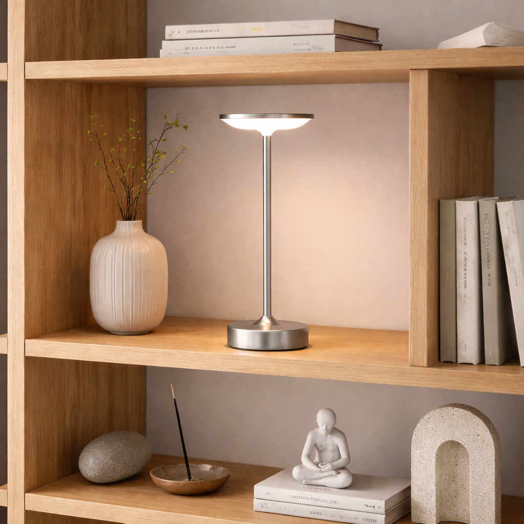 Høy lampe i hylle med andre dekor artikler