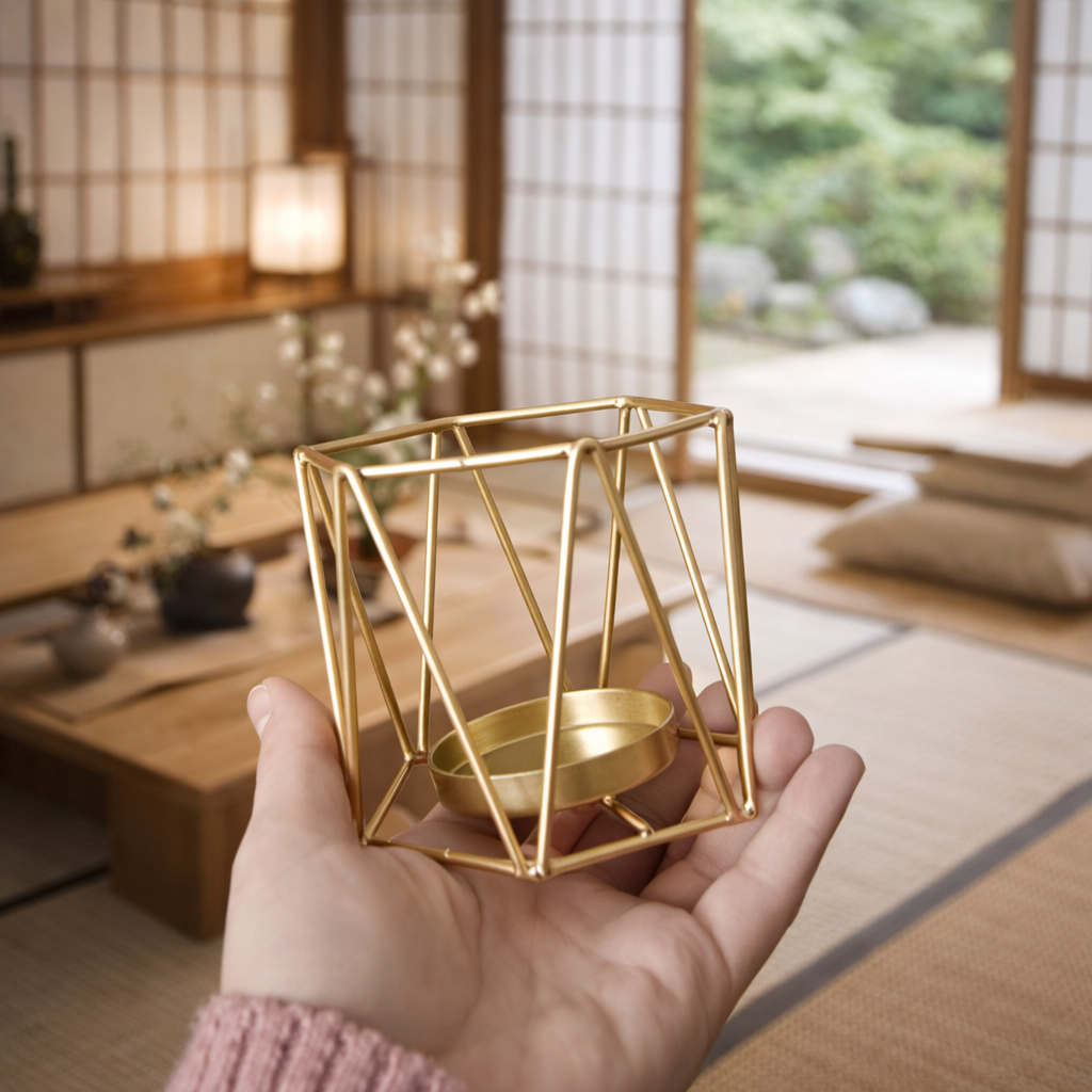 telys holder i gull i et søtt hjem.