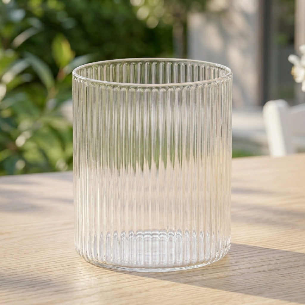 Rillet glass perfekt for iskaffe ute i en hage.