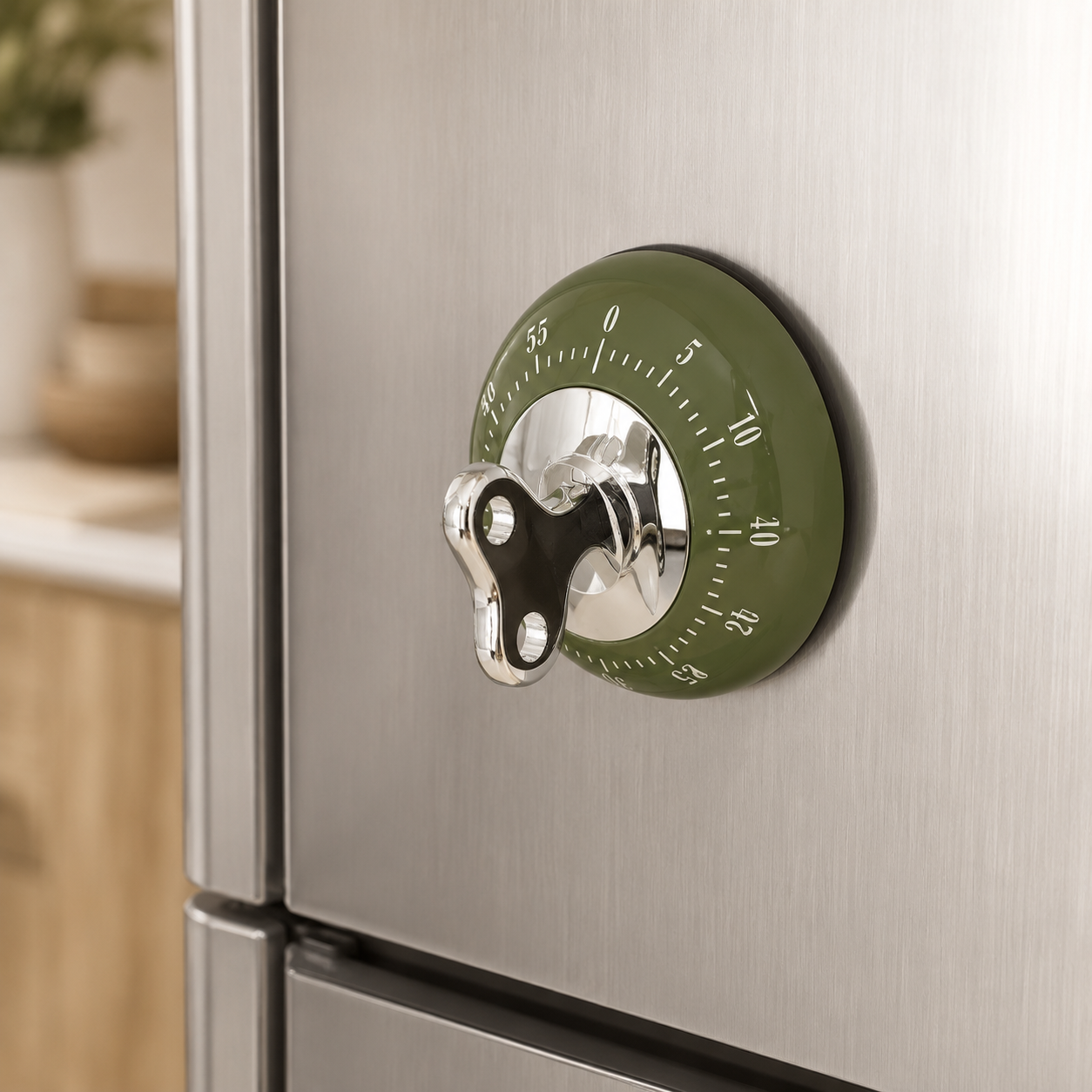 Kjøkkentimer med magnet i grønn på et kjøleskap.