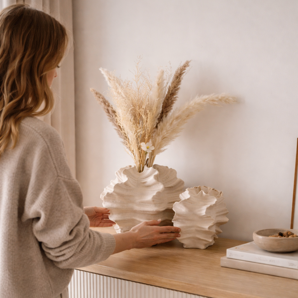 Dame med to fine keramikk vaser på en hylle. 