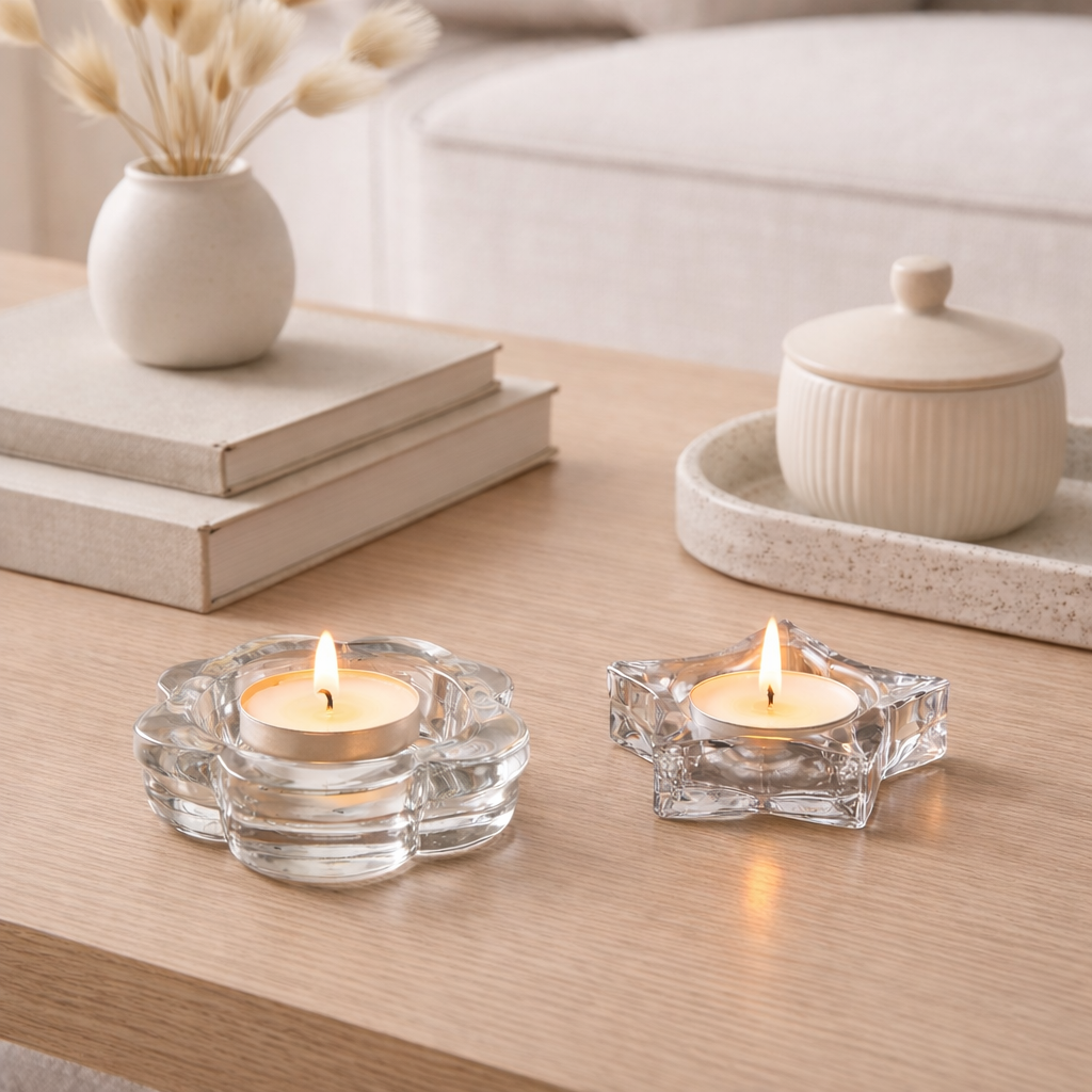 To små lysestaker med små lys i seg i en stue.