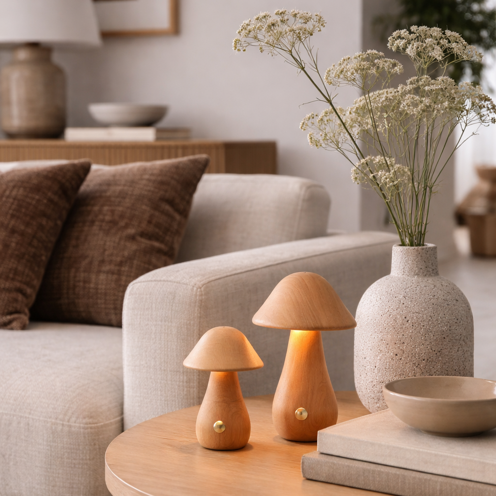 To små sopplamper i treverk med dimmbart lys. 