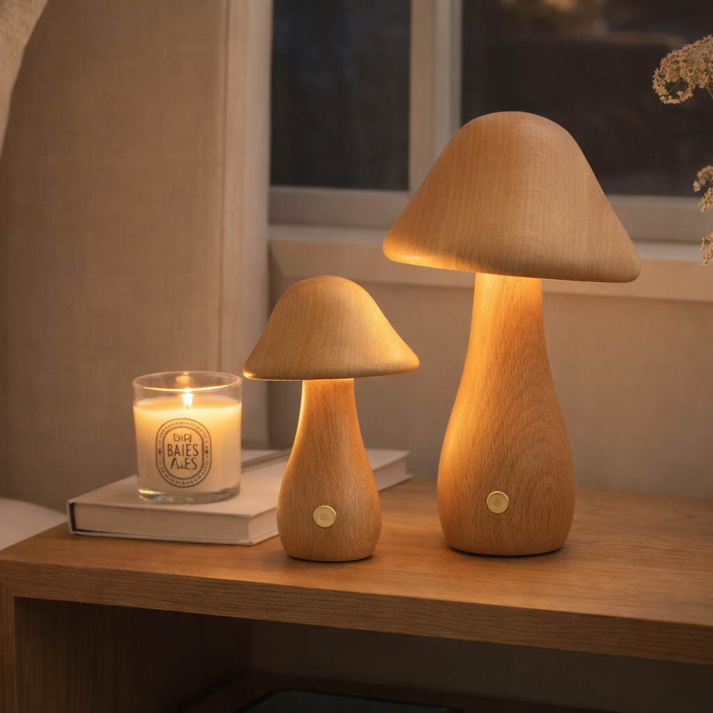 søte lamper laget av tre på et nattbord. 