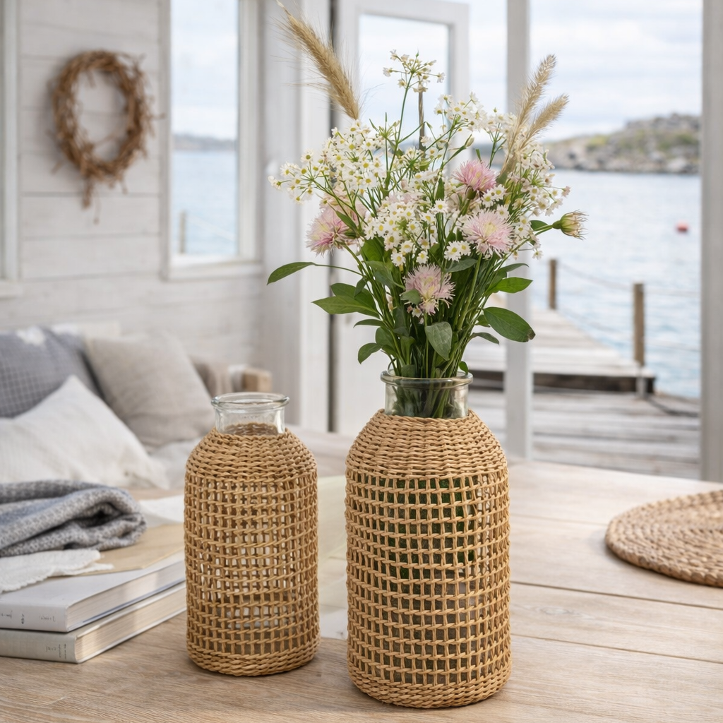 Tett flettet strå rundt to fine glassvaser i et båthus. 