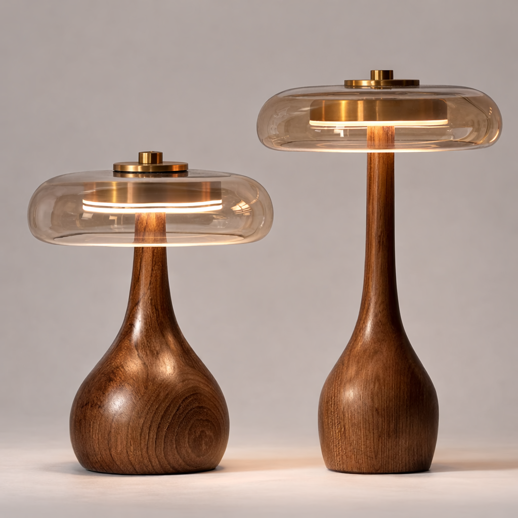 To lamper av tre med glasskjerm. 