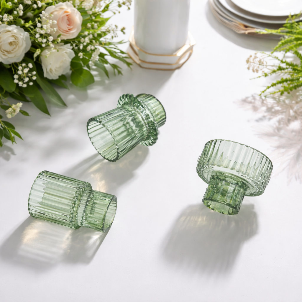 Grønne små lysestaker i forksjellige former. 