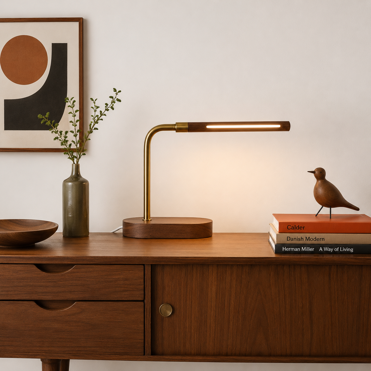 Metall and wood lamp on a modern desk.