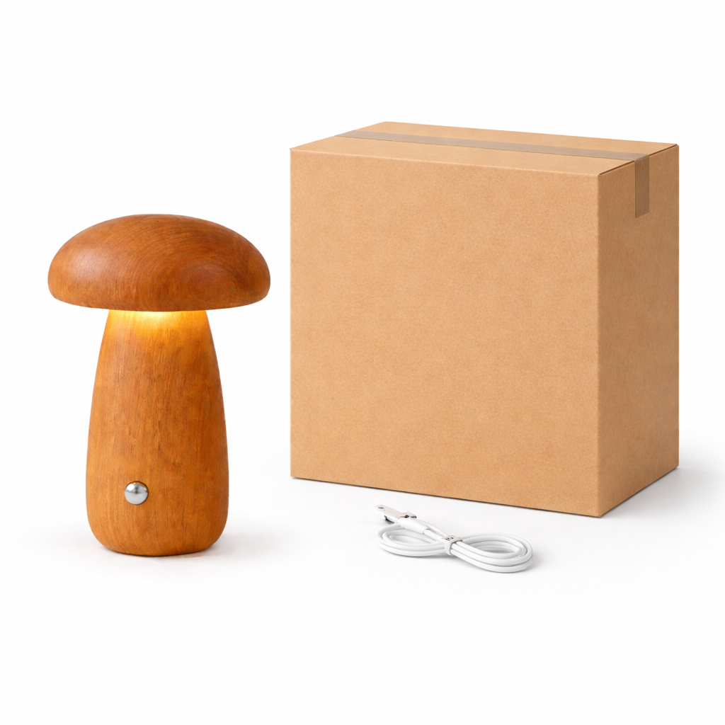 Shipping boks med lampe og lader i boksen. 