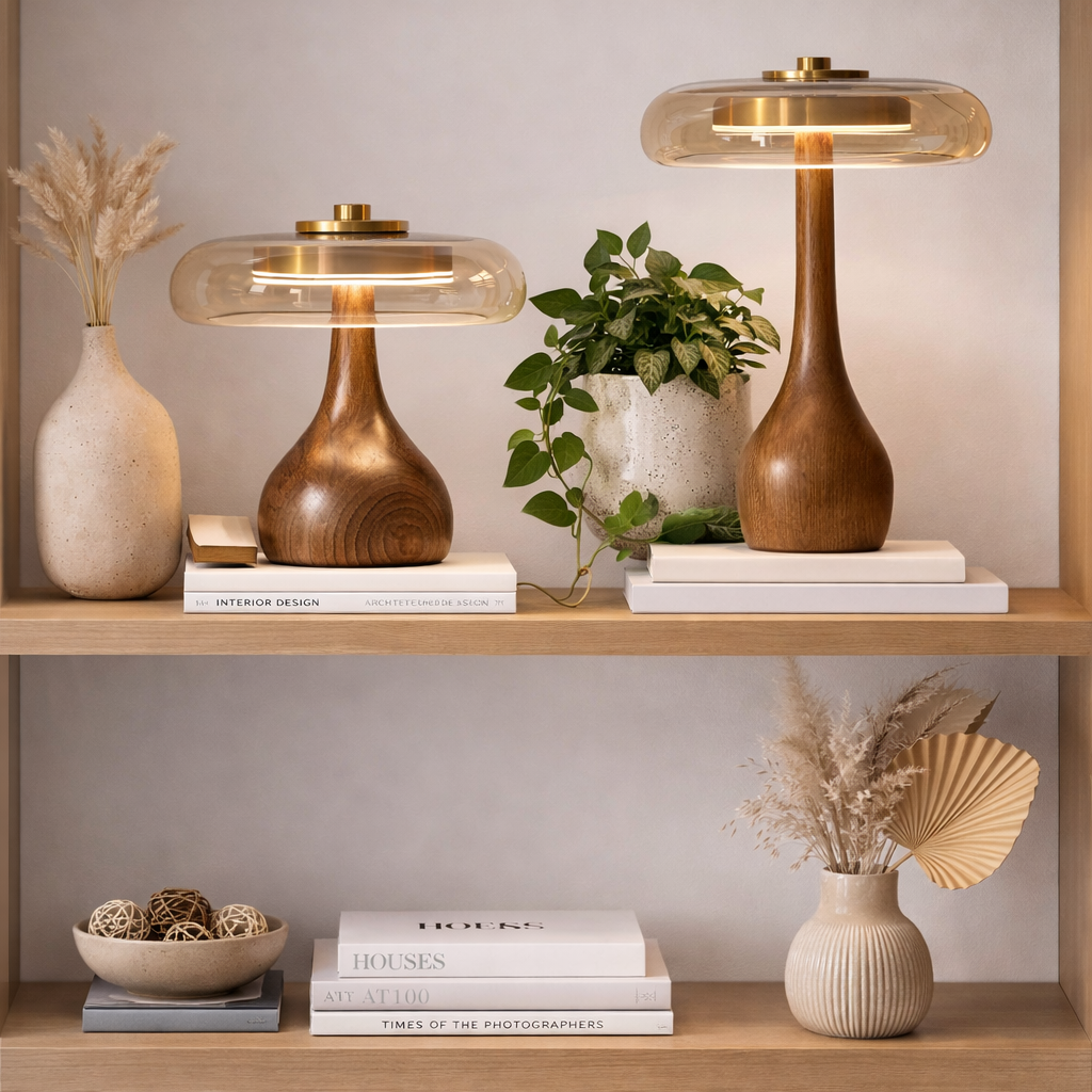 To fine lamper i tre og med glasskjerm i en fin trehylle. 