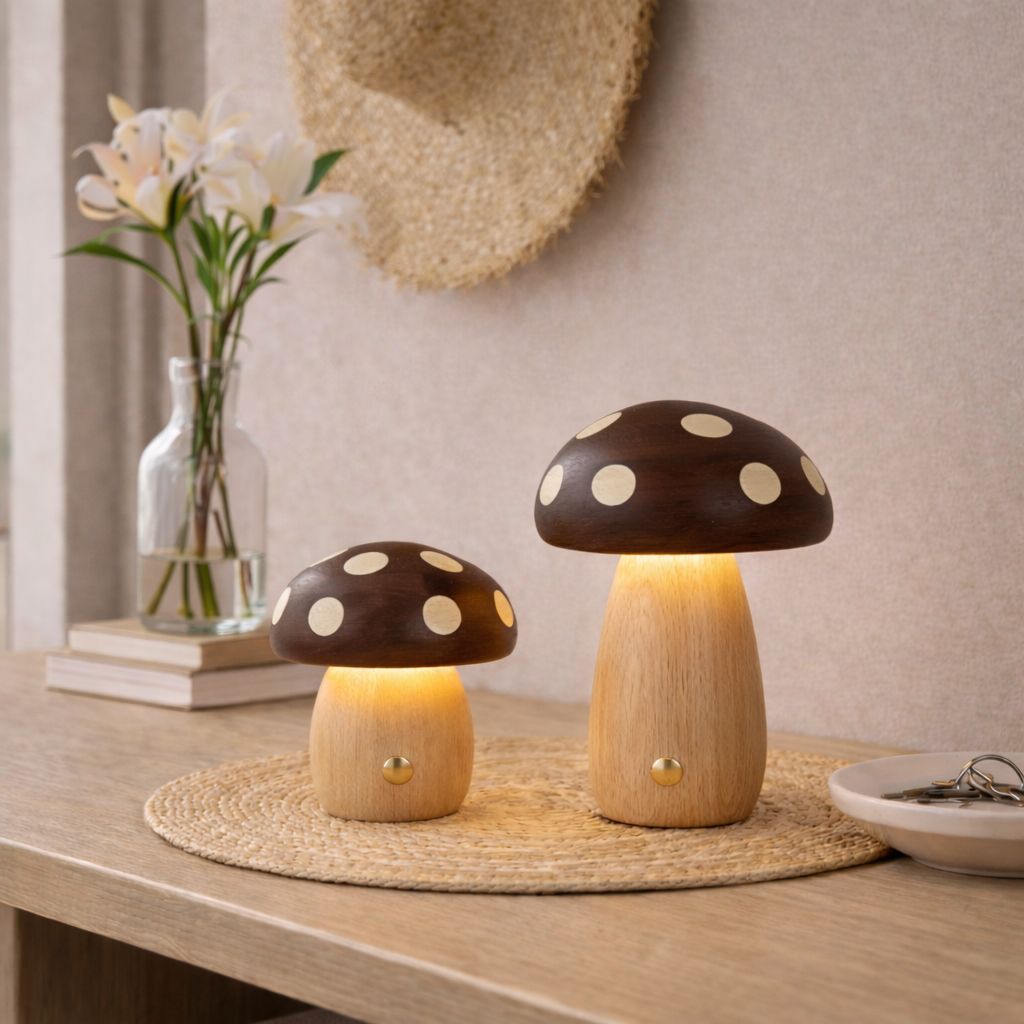 To fine sopplamper på et stuebord i ekte tre. 