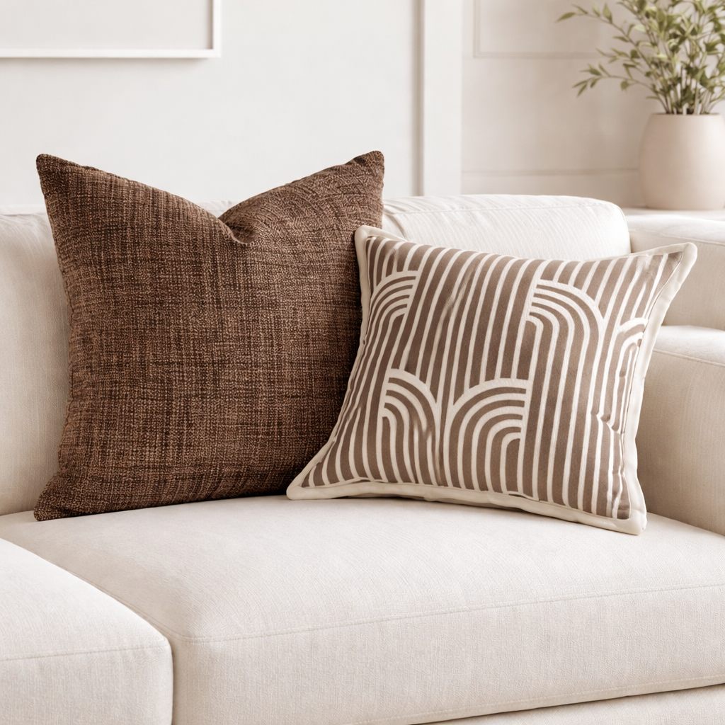 Hvit sofa med fine brune puter. 