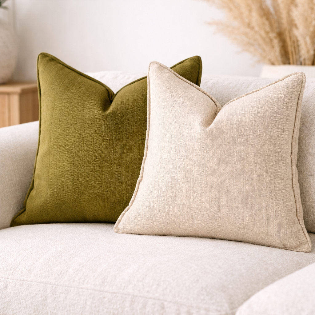 One green and one beige pillows on a white couch