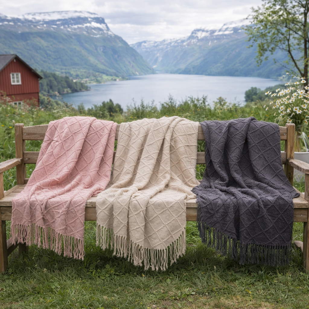 Strikket Nordisk Pledd | Dekorativt Sofa- og Sengeteppe med Dusker