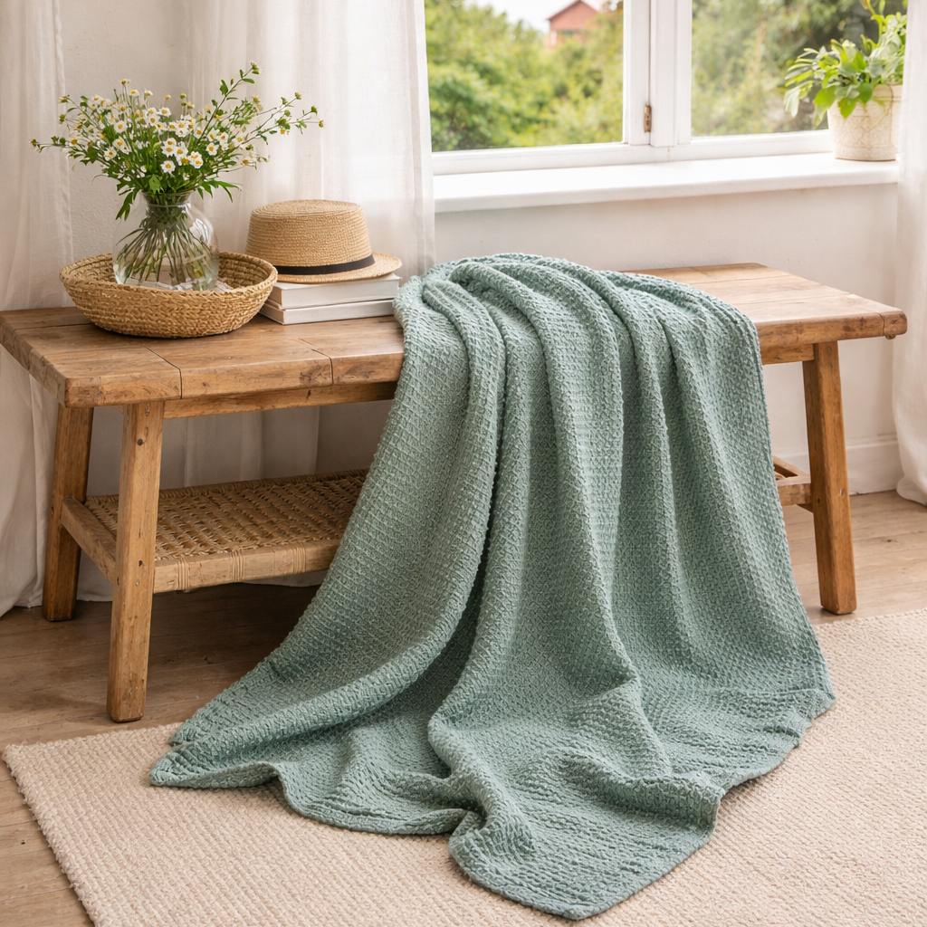 Koselig bomullspledd i grønn på en koselig benk.