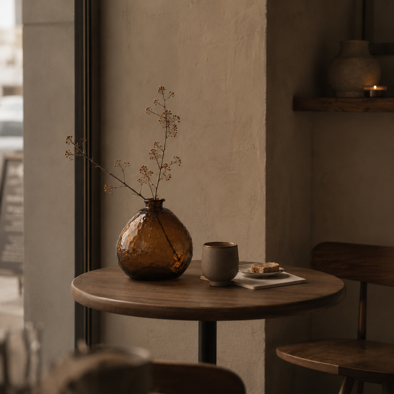 Stor unik rund glass vase på et rundt bord på en cafe. 