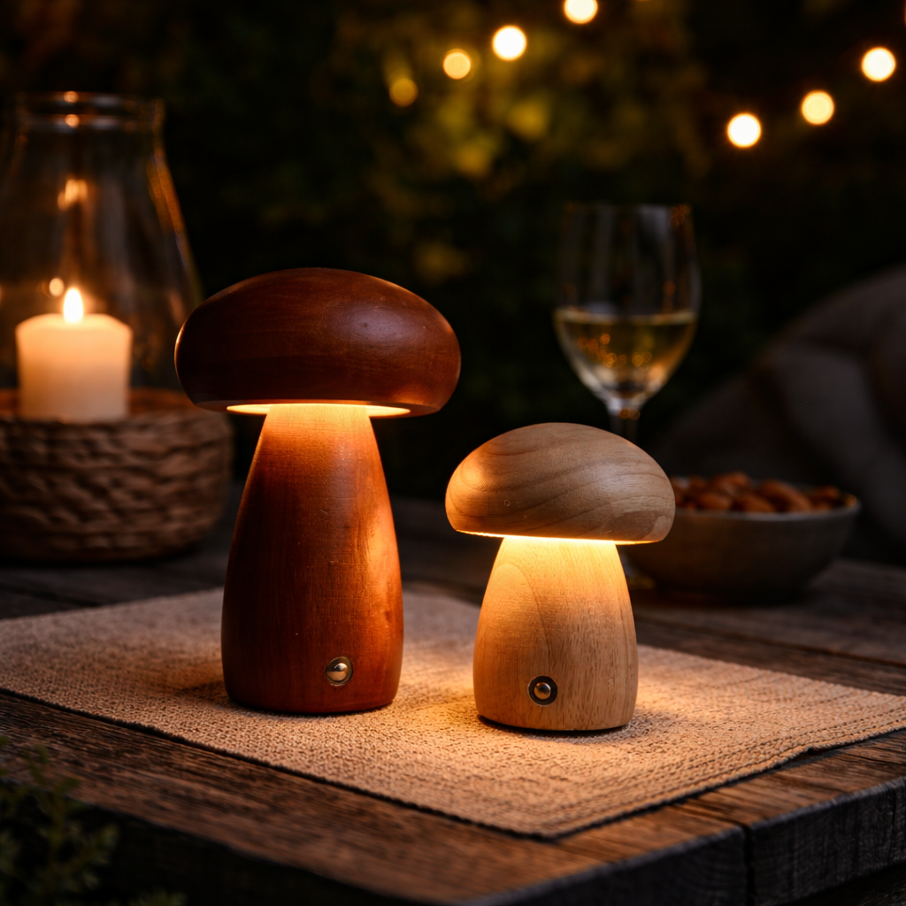 Sopplampe i tre ute på en terrasse. 