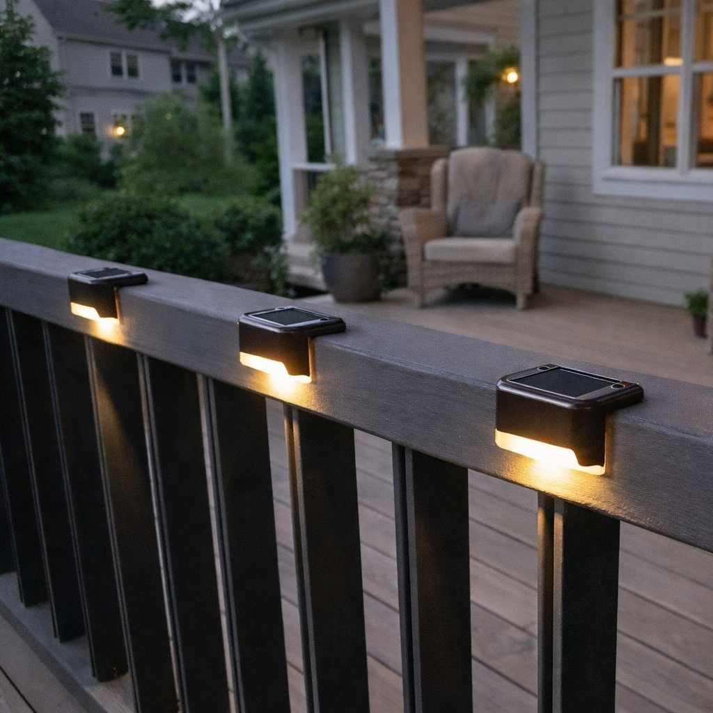 Utelys med solar panel på en veranda. 