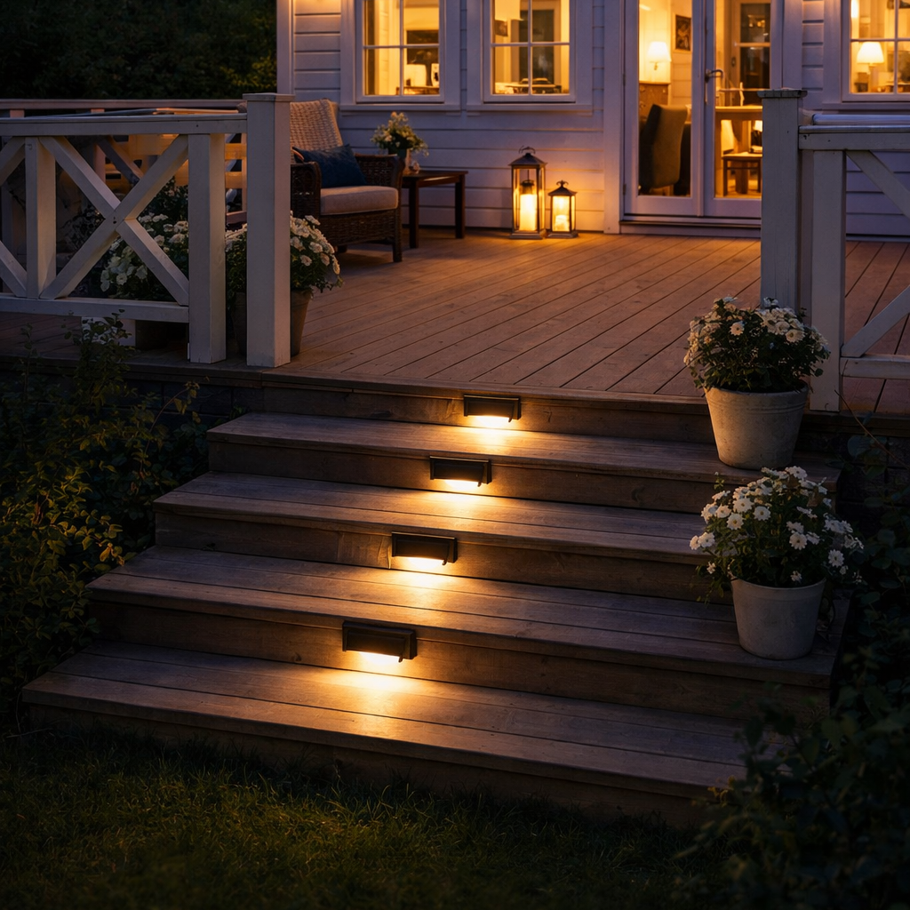 Fine trappelys på en trapp ute i et sommerhus. 