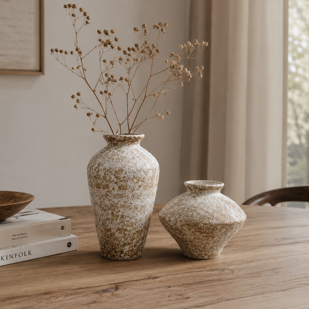 To keramikkvasere i ulike størrelser med tørkede blomster på spisebord, Kinfolk-bøker og naturlig lys fra vindu
