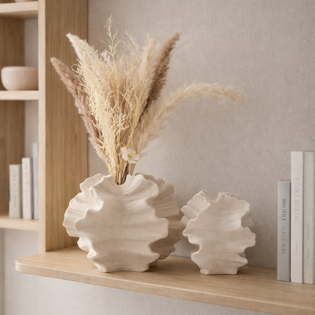 To vaser i beige farge med kult design på en hylle. 