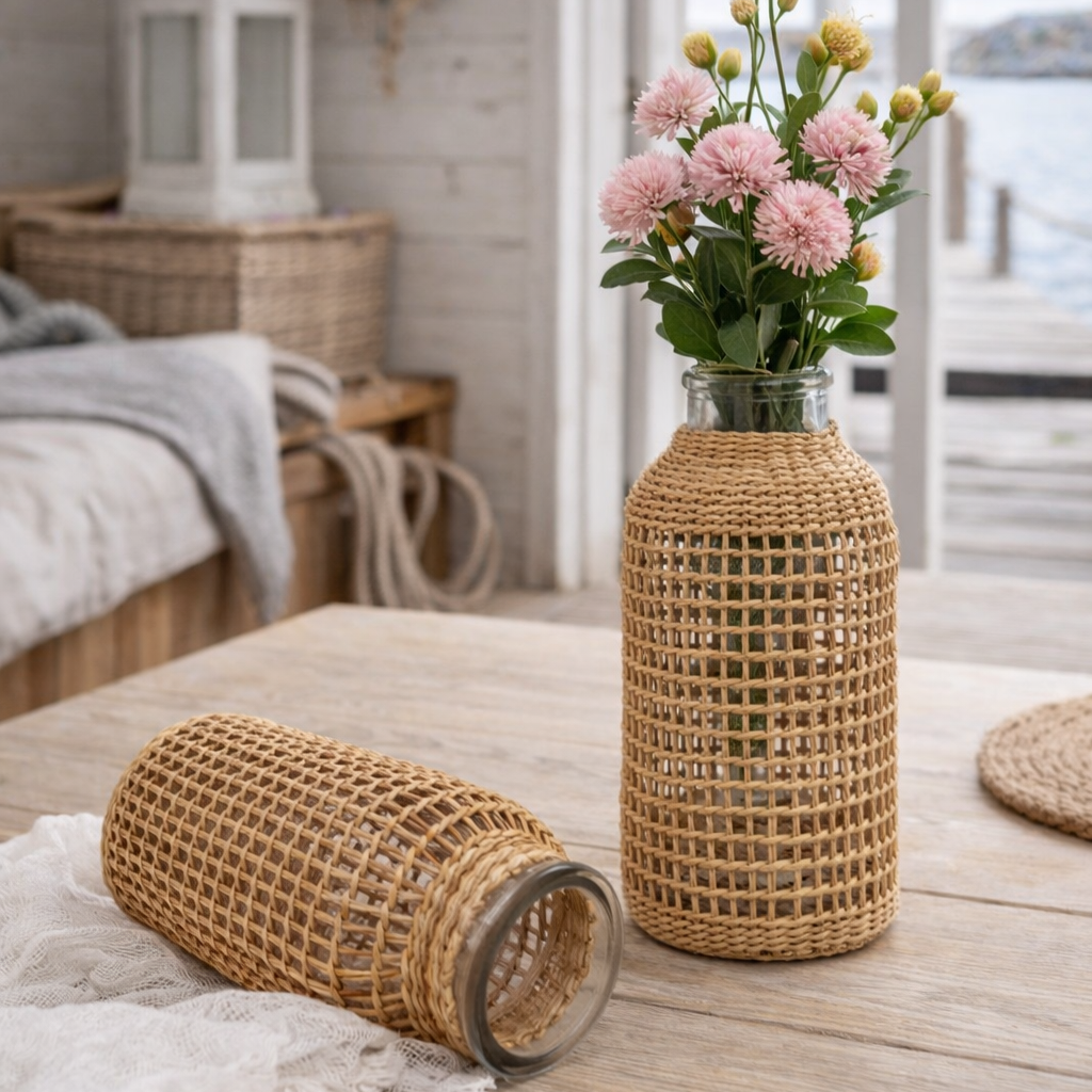 Vaser med flettet strå i båthus. 