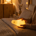 Søt andelampe på en seng lampen er søt og liggende. 