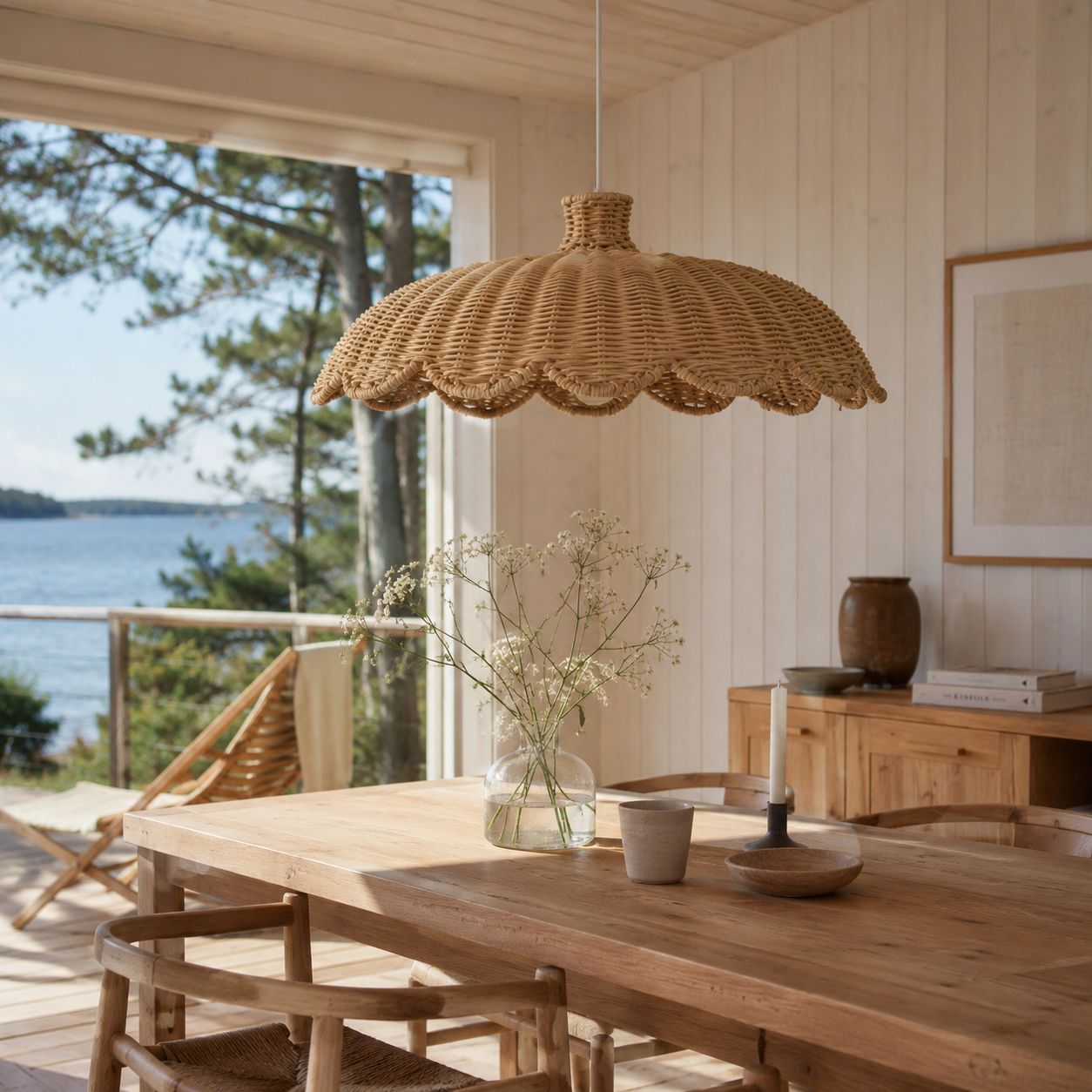 Rattan pendelllampe i taket i et hyggelig sommerhus.