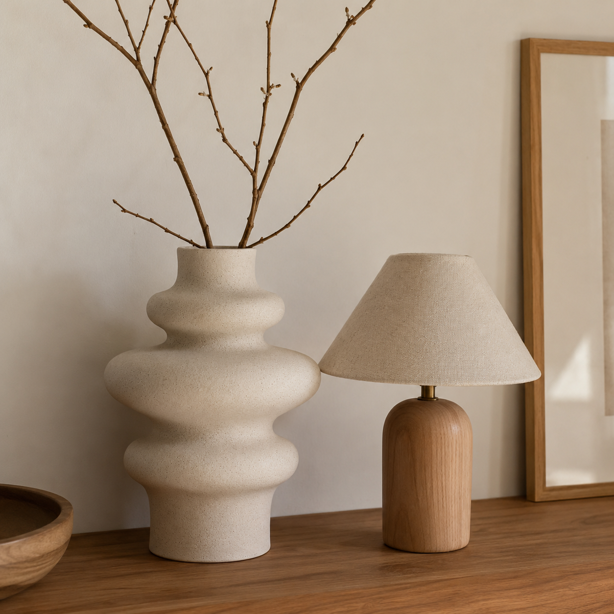 Bølgete vase i keramikk ved siden av en trelampe på en hylle. 