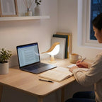 Fuglelampe med et lysere lys på en pult med en dame som skriver.