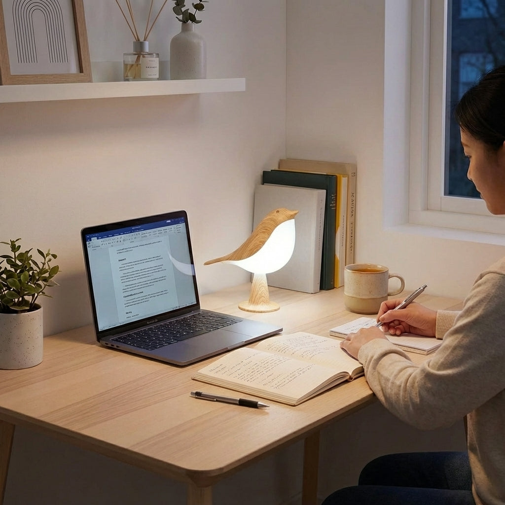 Fuglelampe med et lysere lys på en pult med en dame som skriver.